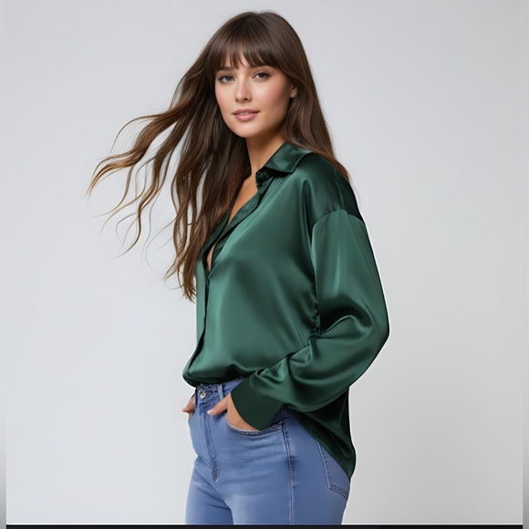Emerald Satin Button Up Blouse - Picture 2 of 5